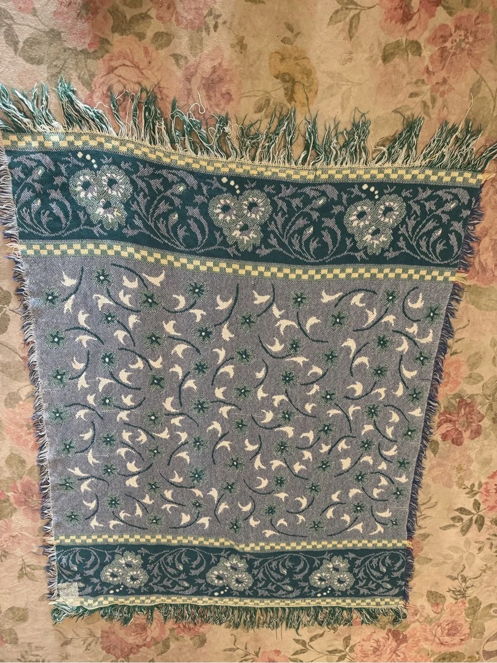 VTG Cottagecore Sage Green Floral Tapestry Throw Blanket 45x60 Fringe